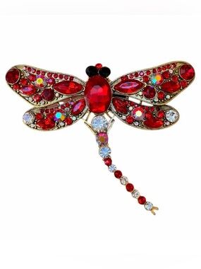 Sparky Red Gemstone Dragonfly Brooch
